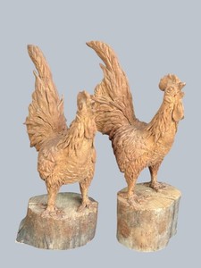 O - Wooden Rooster Pair - Handmade Carved Figures on Bases