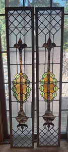 FR - Pair of Stunning Antique Art Nouveau Leaded Stained Glass Sidelights