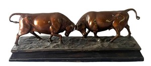 FR - Vintage Bronze Bull Sculpture - Art Deco Bulls in Combat