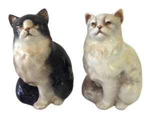 DR - Vintage Royal Doulton Porcelain Cat Figurines Lot - Black & White Persian HN999 & WhiteGrey Persian Cat HN2539
