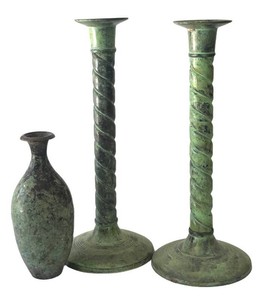 FR - Vintage Oxidized Candlesticks & Vase