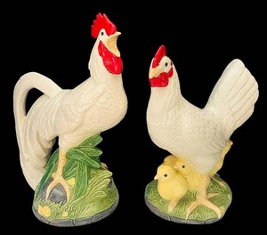 LR - Rooster & Hen Figurines With Chicks (Lot of 2)