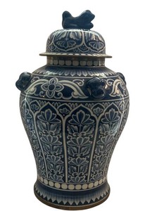 LR - Blue & White Ceramic Ginger Jar With Frog Finial - 16 in