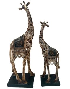 LR - Giraffe Figurines - Decorative Metal Pair With Mosaic Inlay, 14 in H