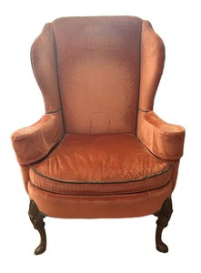 LR - Wingback Armchair - Upholstered Carved Wood Legs