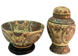 LR - Decorative Chinese Satsuma-Style Ceramic Ware Bowl & Lidded Ginger Jar