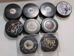 Hockey Puck Lot w (3) Autograph Pucks  9 Pucks