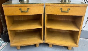 MCM Mid Century Blond Nightstands by RWay Set of Two with Glass Tops