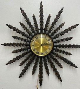 MCM Vintage Metal Starburst Wall Clock Black and Gold Finish
