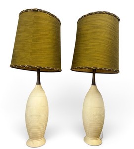 Mid Century Set of Lamps Cream Ceramic with Geometric Designs and Original Shades