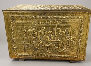 Vintage Brass and Wood Embossed Kindling Box