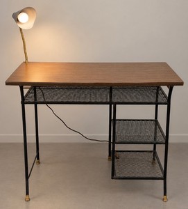 Mid Century Desk with attached Gooseneck Lamp - Working MCM Metal Desk