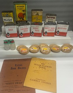 Lot of Vintage Spice Tins and Fair Oaks Milk Bottle Toppers