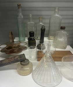 Antique Bottle Lot Pyrex Measuring Cups Glass Funnel