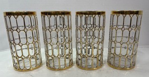 MCM 1960s Highball Tumblers 22-Karat Gold Overlay El Tabique de Oro Spanish Windows Shoji style by Imperial Glass Co.  1 of 2