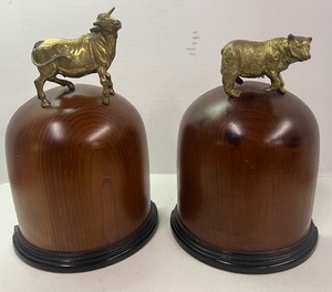 Vintage Brass and Wood Bull and Bear Stock Market Cast Brass and Wooden Bookends