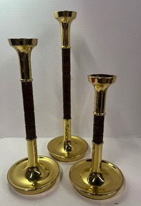 Vintage Candlestick Holders Polished Brass and Dark Textured WoodLeather Wrapped Shafts Set of 3