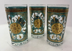 Turquoise and Gold Medallion MCM Tumblers Barware 1960s Set of 3
