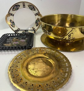 Vintage Mid-Century Brass Bowl 12 with EmbossedRaised Chinese Calligraphy Serpentine Nippon Plate