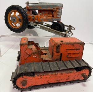Antique Orange Hublet Front Loader Toy Tractor and Tonka Pressed Steel Bulldozer