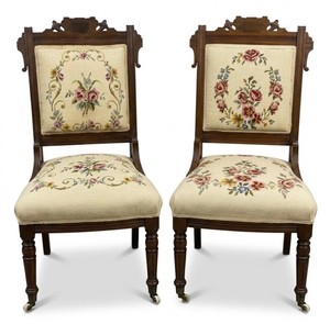Antique Eastlake Parlor Chairs on Wheels with Needlepoint Upholstery