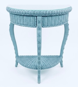 Turquoise Wicker Half Side Table with Glass Top