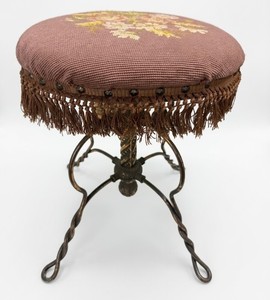 Antique Piano Stool with Cast Iron Legs Fringe Embroidered Seat