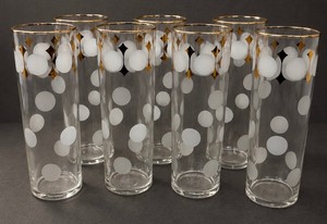 Vintage Libbey Mid Century Highball Glasses Set of 7 White Polka Dot Gold Diamond