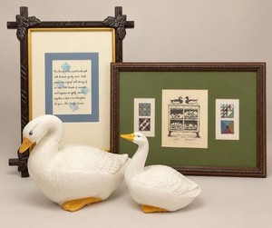 Vintage Ceramic Goose Pair and Framed Folk Art Eastlake Frame