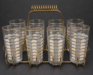 MCM Gold Rim Highboy Tumblers Wave Pattern with Carrier