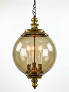 Vintage MCM Mid Century Hanging Lamp Smoke Glass and Brass Globe Light Working