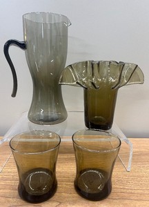 Lot of 4 Smoked Glass MCM Pitcher Lowball Glasses and Ruffled Vase