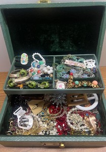 Vintage Jewelry Box with Vintage Costume Jewelry Lot Rhinestones, Enamel Ring, ETC