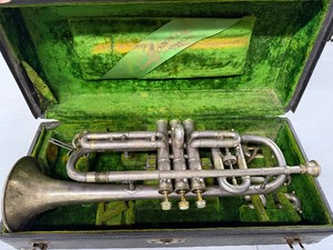 Antique Silver Plated Cornet with Original Case Victor New Wonder C.G. Conn LTD