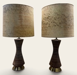 MCM Ceramic Table Lamp Set with Original Distressed Gold and Cream Shades