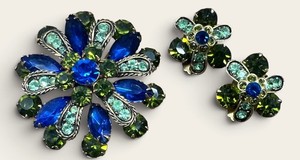 Vintage Royal Blue and Olive Green Rhinestone Brooch and Earring Set