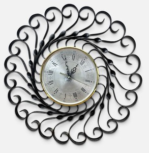 Scroll Wrought Iron Mid Century Wall Clock with Roman Numerals Keeps Time
