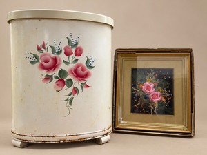 Vintage Mid Century Bowl of Beauty Framed Flower Art and Peacock Feathers and Hamper