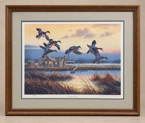 Signed and Numbered Artwork by Jerry Raedeke Feathering Ducks over a Wetland Landscape. Framed and Matted