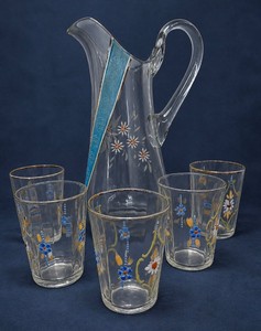 Vintage Lemonade and Tumbler Set Hand Blown and Painted Pitcher