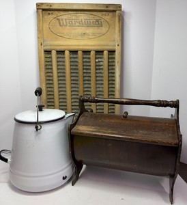 Antique Washboard, Sewing Box and Enamel Coffee Pot