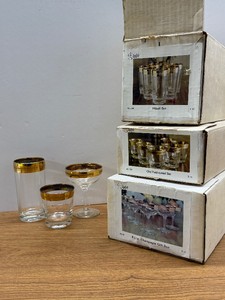 Mid Century MCM Barware 3 Complete Sets of 6 each Gold and Turquoise Rim