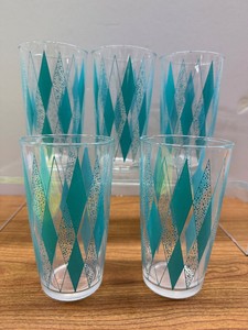 Set of 4 Turquoise Mid Century MCM High Ball Diamond Pattern