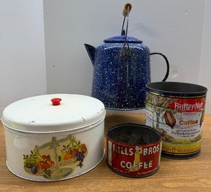 Cake Plate, Splatter Ware and Vintage Coffee Cans