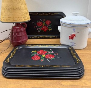 Decor LOT Toile Trays, Canister And Lamp