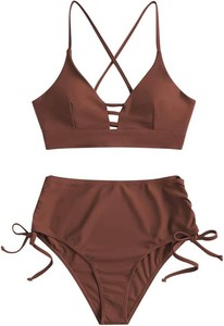 $20 ZAFUL Womens Cheeky Criss Cross Bikini Cinched Tie 2 Piece Swimsuit Tankini  High Waist Bikini Set, Tummy Control Ruched Bathing Suit, Two Piece Modest Swimsuit, Solid, Womens Gift size Medium