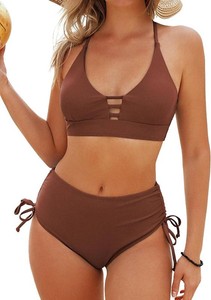 $20 ZAFUL Womens Cheeky Criss Cross Bikini Cinched Tie 2 Piece Swimsuit Tankini | High Waist Bikini Set, Tummy Control Ruched Bathing Suit, Two Piece Modest Swimsuit, Solid, Women's Gift size Medium
