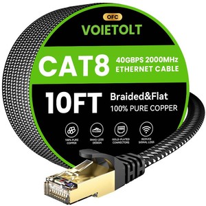 Cat 8 Ethernet Cable 10 FT Flat, High Speed 40Gbps 2000Mhz Braided Internet Cable with Gold Plated RJ45 Network LAN Cable SSTP, Heavy Duty Ethernet Cord Compatible for PS45, for Modems, PCLaptop