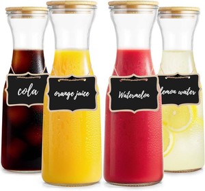 $24 Glass Carafe with Bamboo Lid, Round 35 Oz Beverage Dispensers Carafe, Mimosa Bar Supplies, Round Clear Glass Pitcher with Name Labels for Iced Tea, Coffee, Juice(Set of 4)