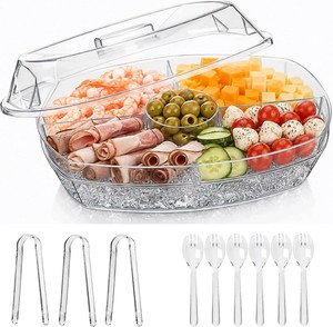$33 Chilled Serving Tray with Lid, 15 Large Fruit & Vegetable Platter Tray with Ice Compartment, Party Serving Platter with 6 Forks & 3 Tongs, Cold Food Serving Tray for Parties